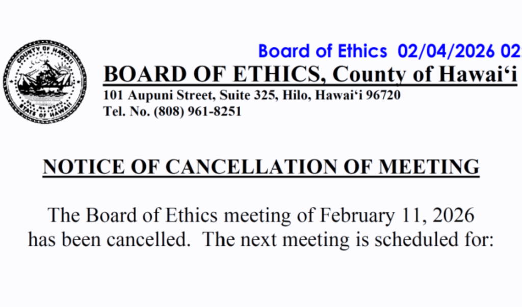 The Hawai‘i County Board of Ethics canceled its February meeting due to lack of quorum. (Screenshot)